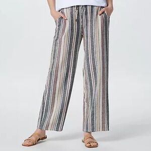 Susan Graver Striped Linen Blend Wide Leg Cropped Elastic Waist Drawstring Pants